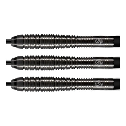Close up of front weighted tungsten barrels and scallop grip on Zen Roshi darts