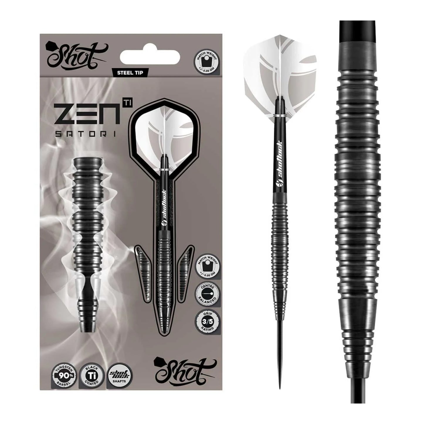 Shot Zen Satori darts packaging with flights and shafts included