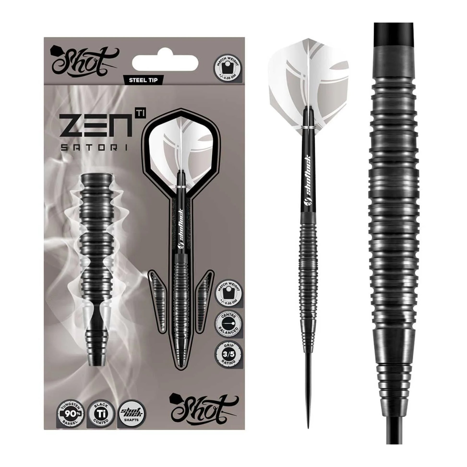Shot Zen Satori darts packaging with flights and shafts included