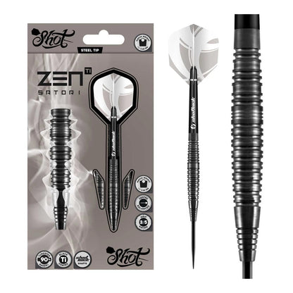 Shot Zen Satori darts packaging with flights and shafts included