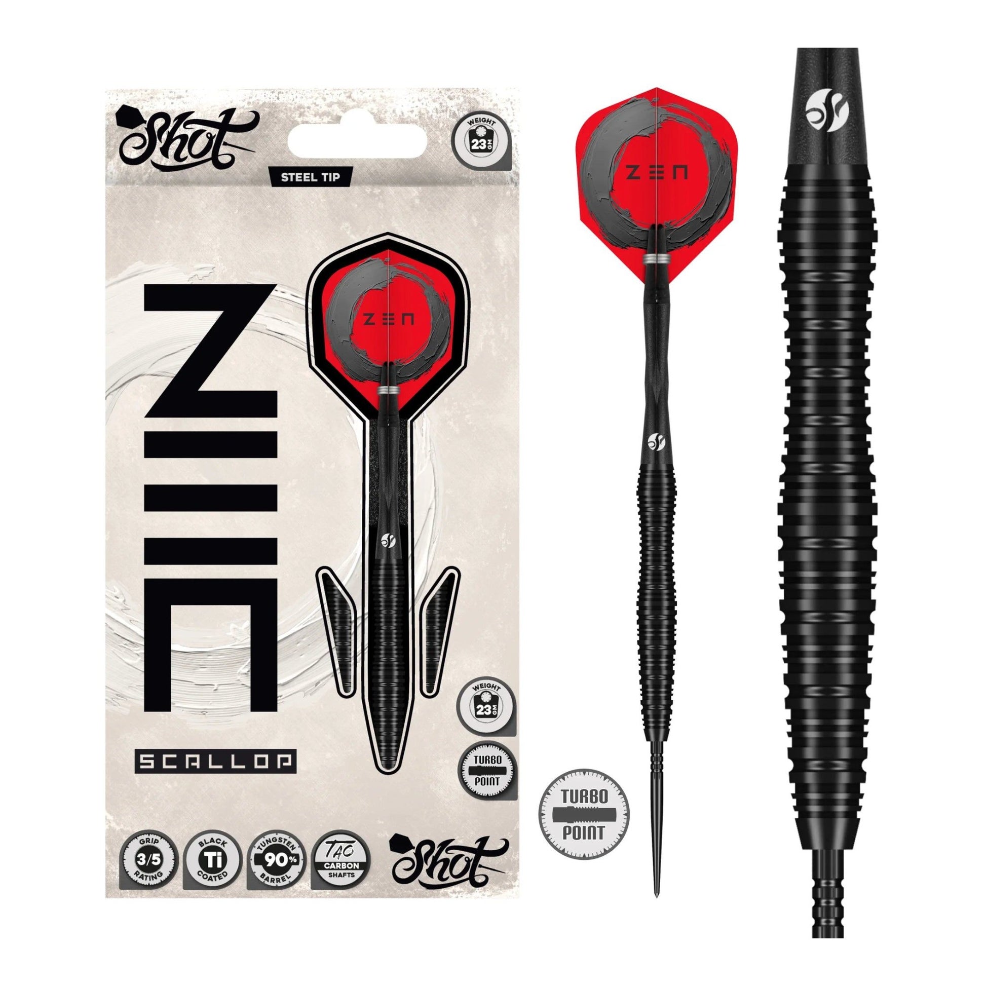 Complete Zen Scallop Steel Tip Dart Set featuring 90% Tungsten Barrels and Tao Carbon Shafts