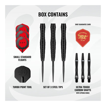 Packaging contents of the Shot Zen Scallop darts including barrels, flights, and shafts