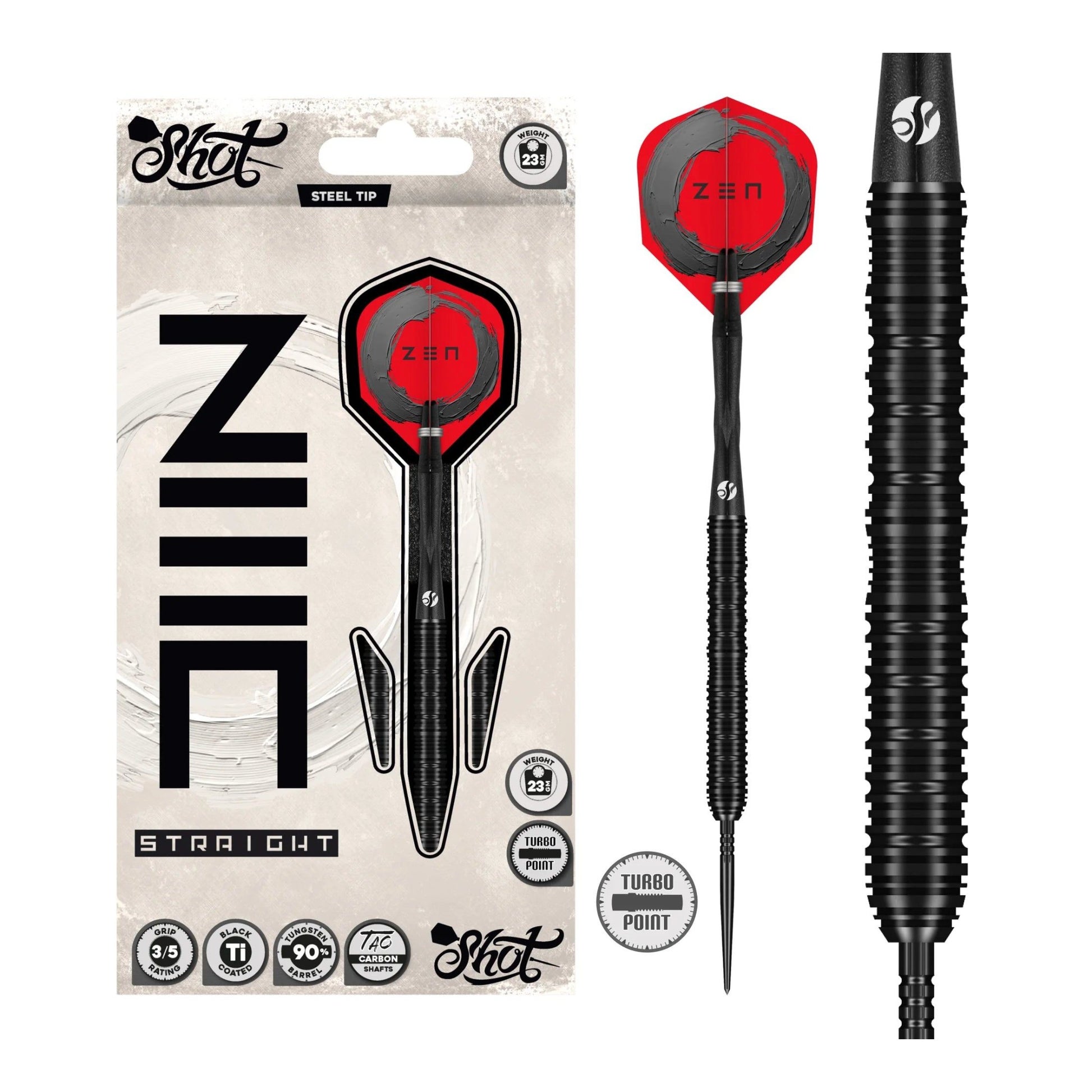 Zen Straight Steel Tip Dart Set with 90 percent tungsten barrels and black titanium coating