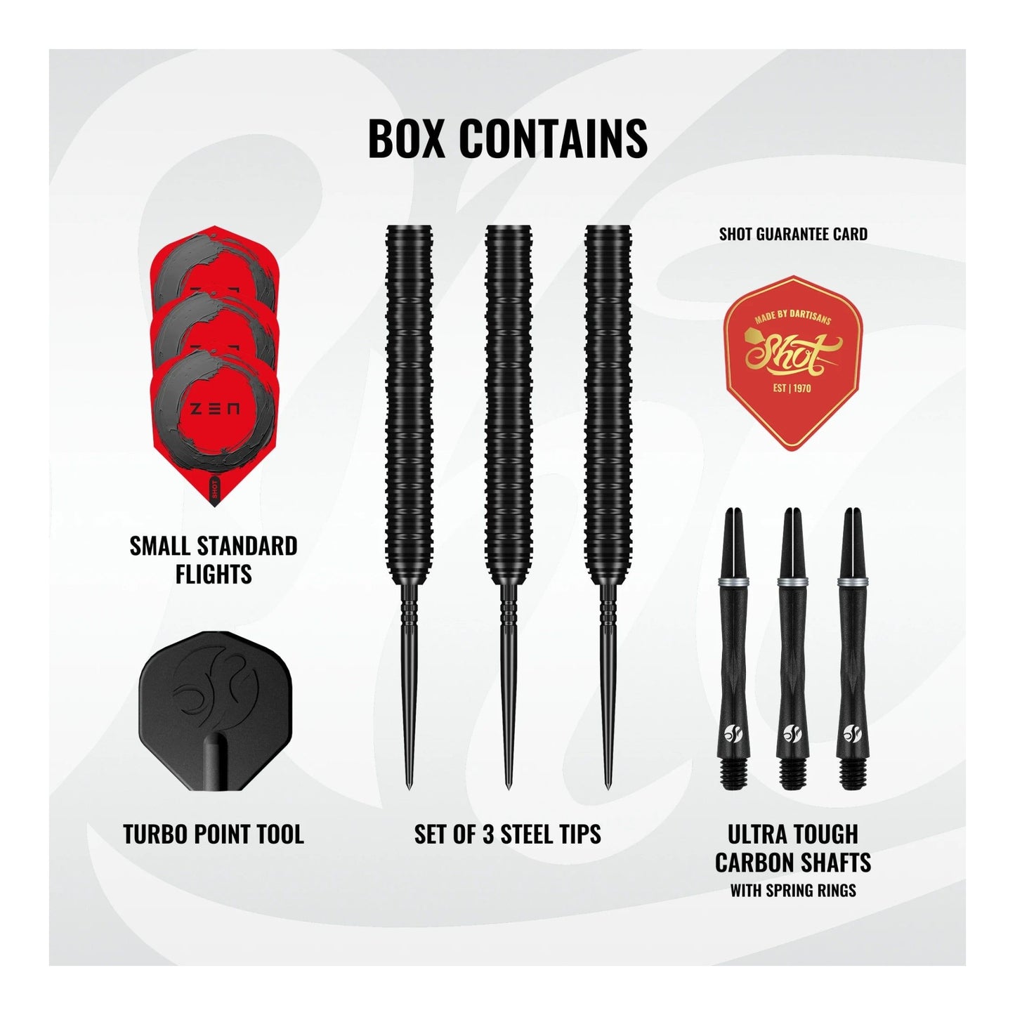 What is in the box for the Zen Straight Darts including carbon shafts and infinity flights