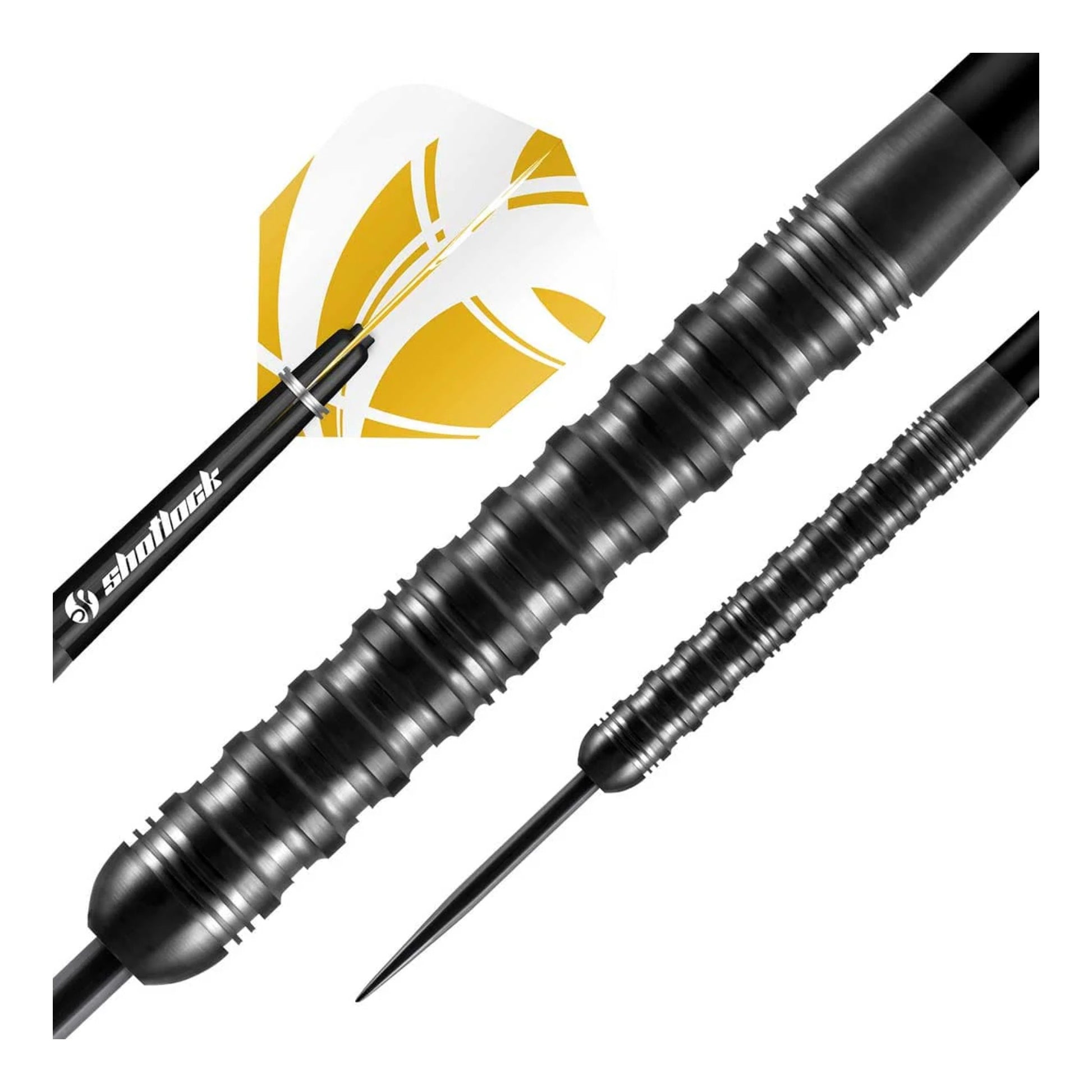 Close up of hybrid pyramid grip on Shot Zen Tanto dart barrel