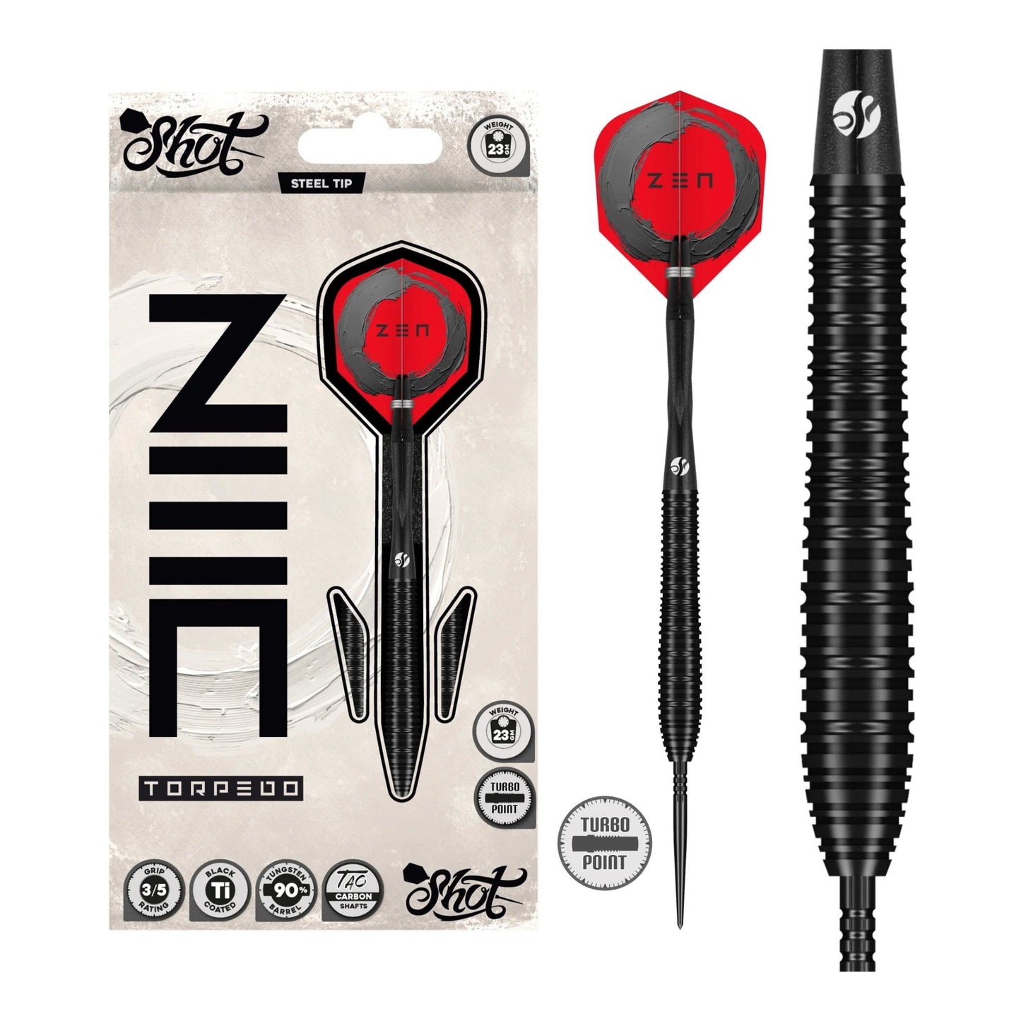 Zen Torpedo Steel Tip Darts showing the complete set with black titanium barrels and flights