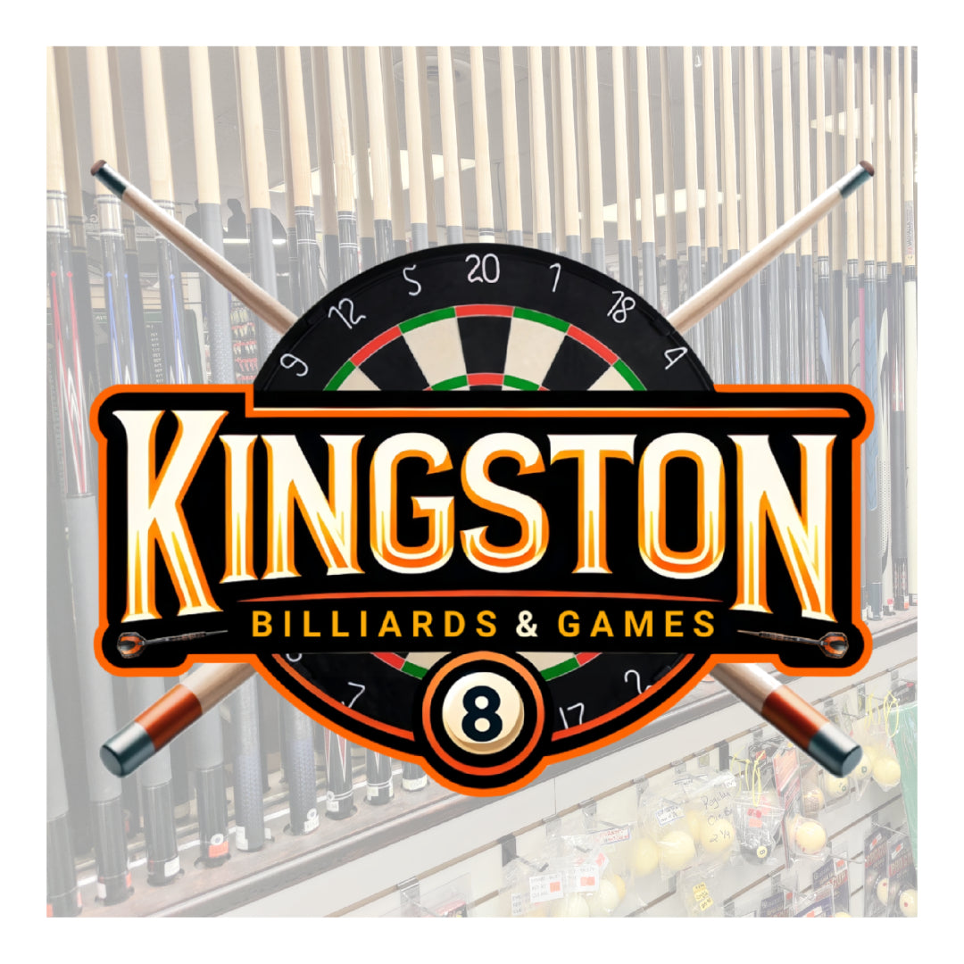 Kingston Billiards & Games logo with a dartboard and pool cues on a variety of pool cues in the background