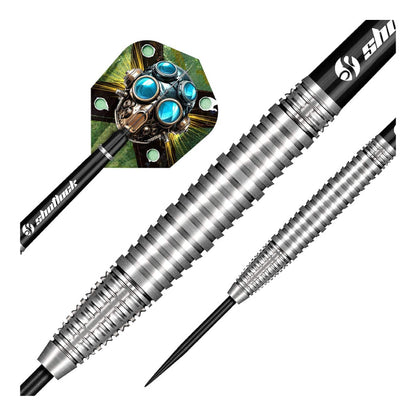 Dart with a silver shaft and black tip, featuring a colorful dart flight on a white background.