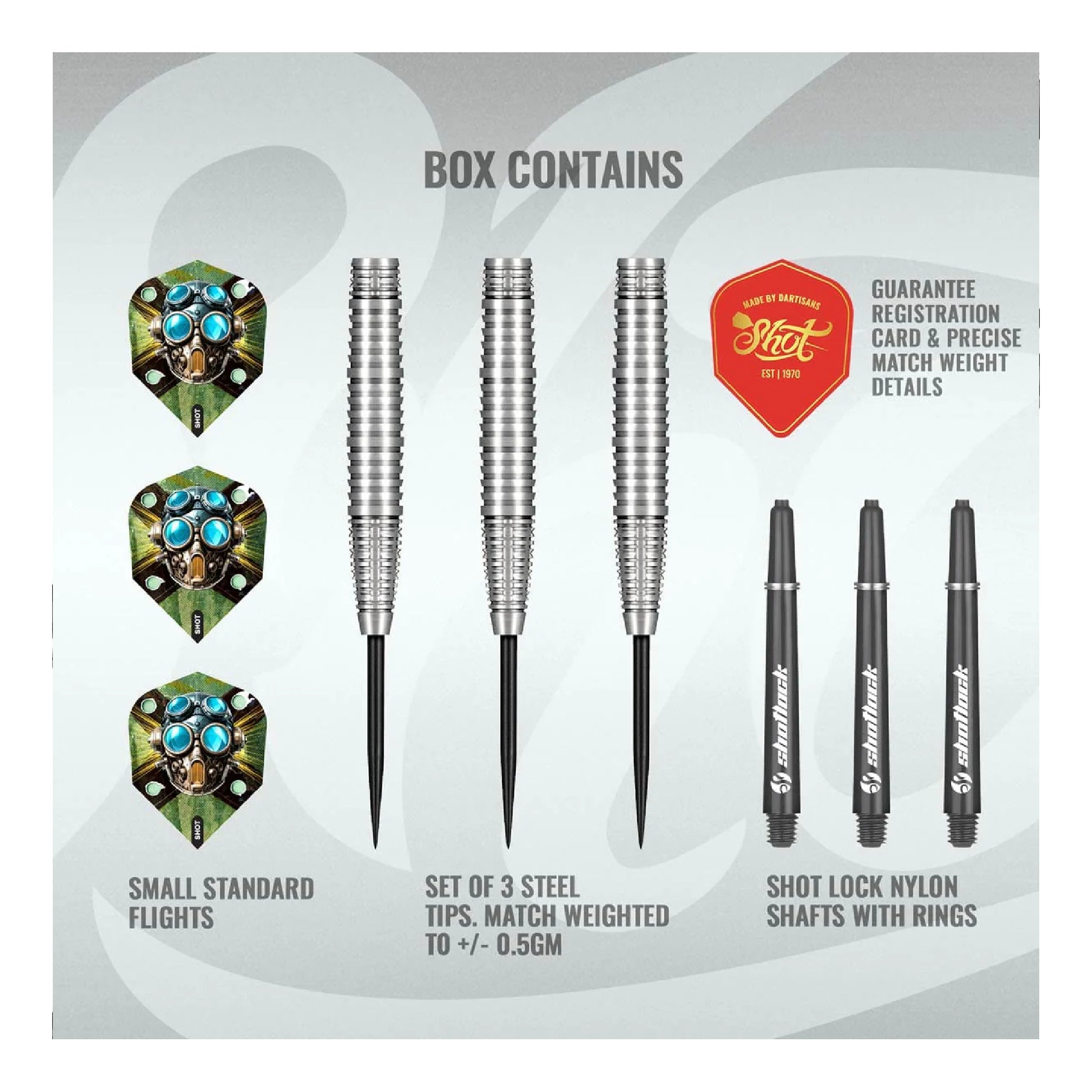 Dart set with flights, tips, and shafts on a gray background