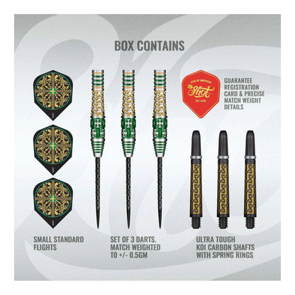 Koi darts packaging with darts, flights, and carbon shafts on a gray background
