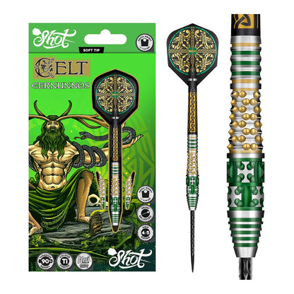 Decorative dart with intricate designs next to its packaging featuring a green god illustration.