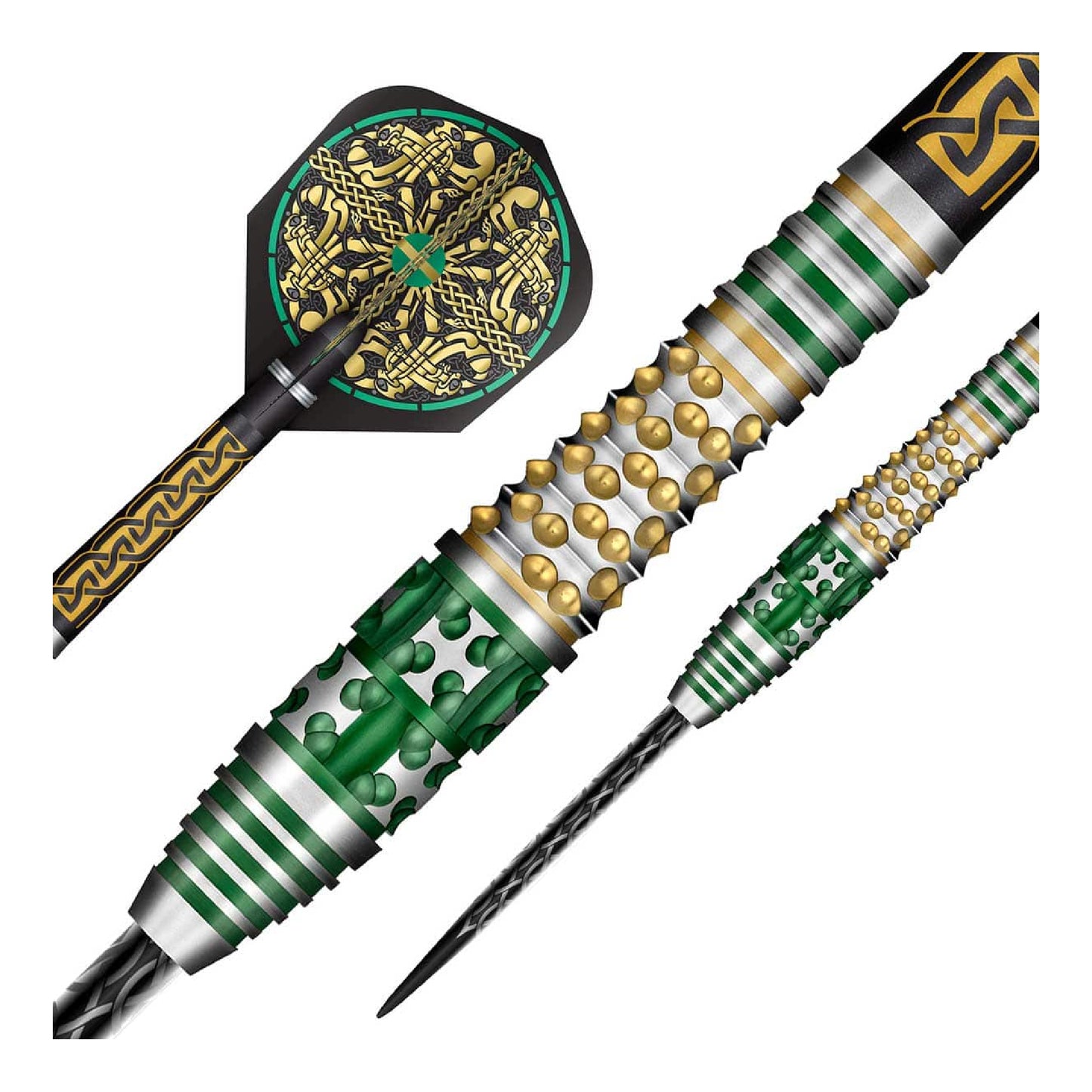 Decorative darts with green, gold, and silver design on a white background
