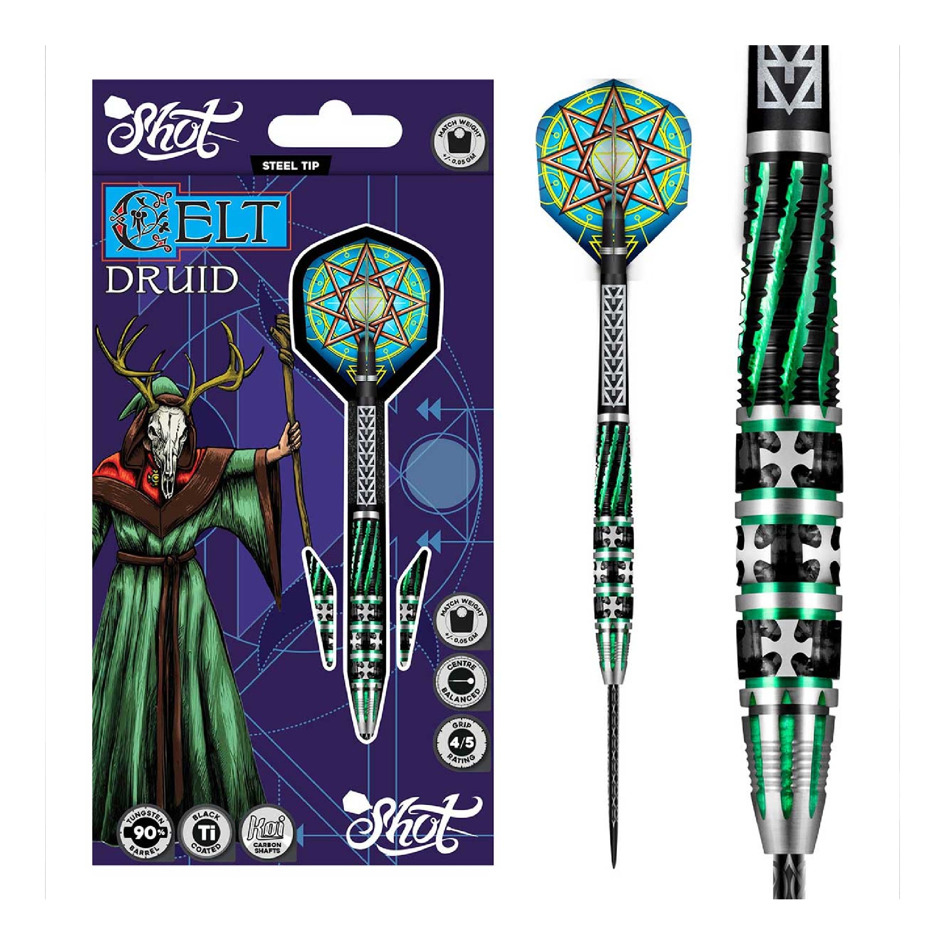 Shot Celtic Druid dart set with packaging on a white background