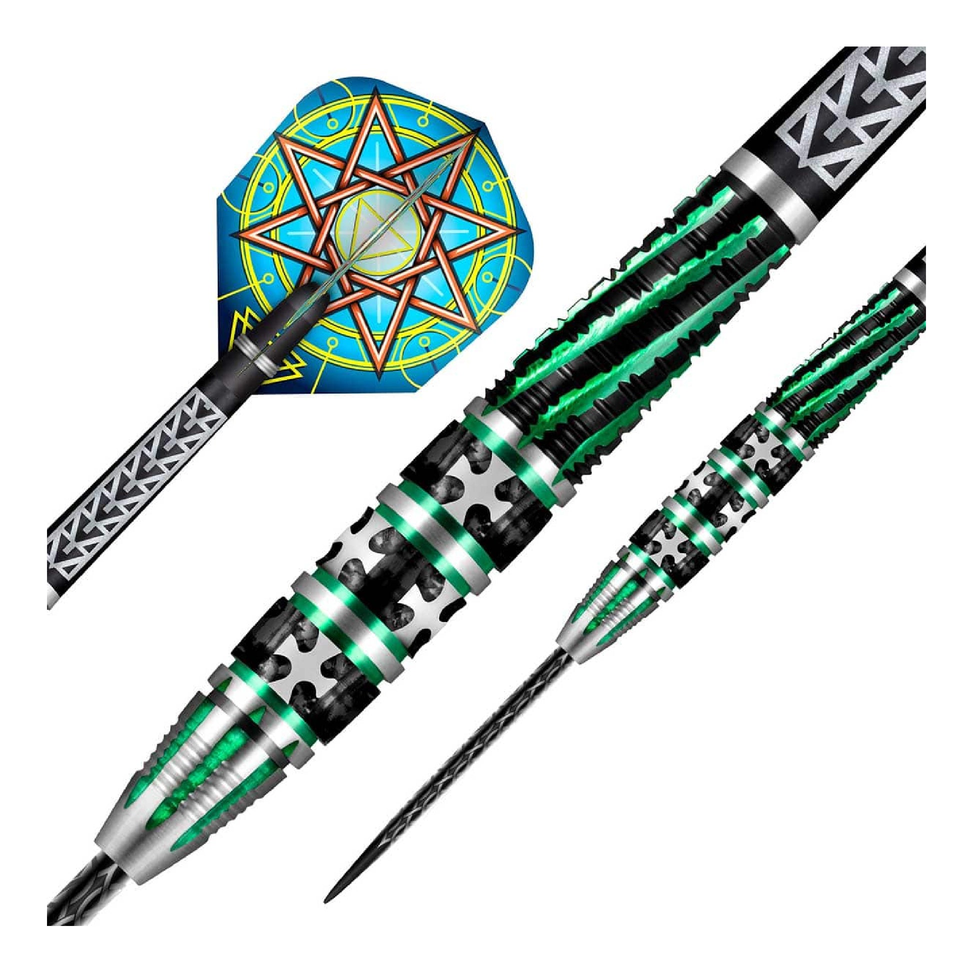 Two darts with decorative patterns on a white background