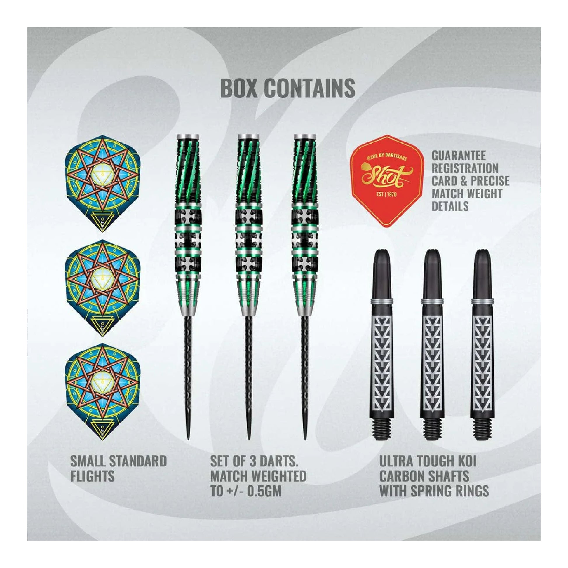 Dart set with flights and shafts on a gray background