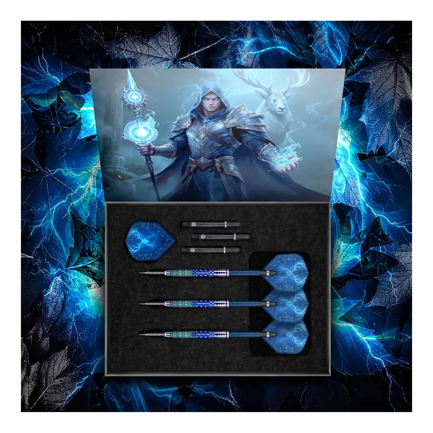 Set of fantasy-themed darts with decorative packaging featuring an illustrated character.