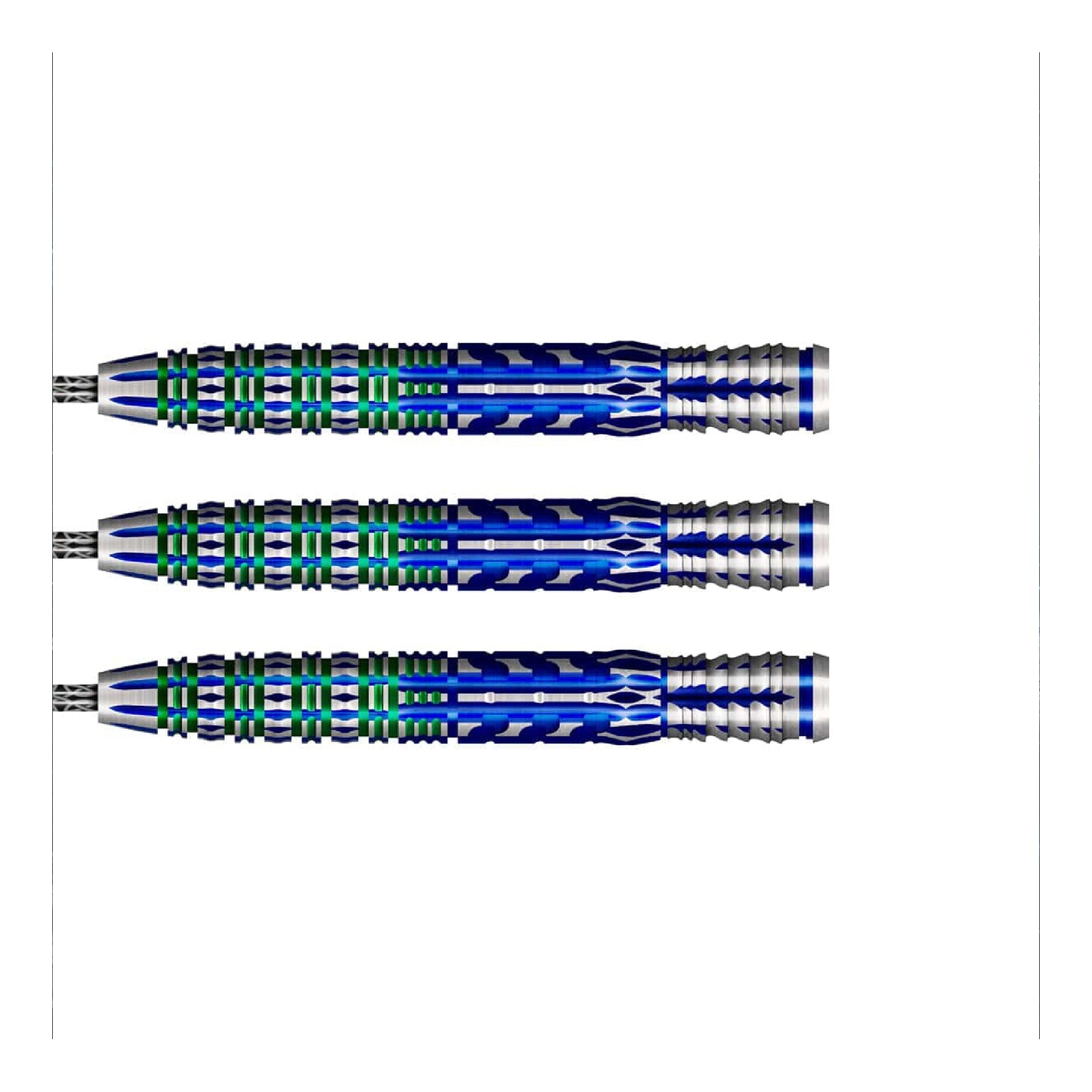 Three blue darts with silver tips on a white background