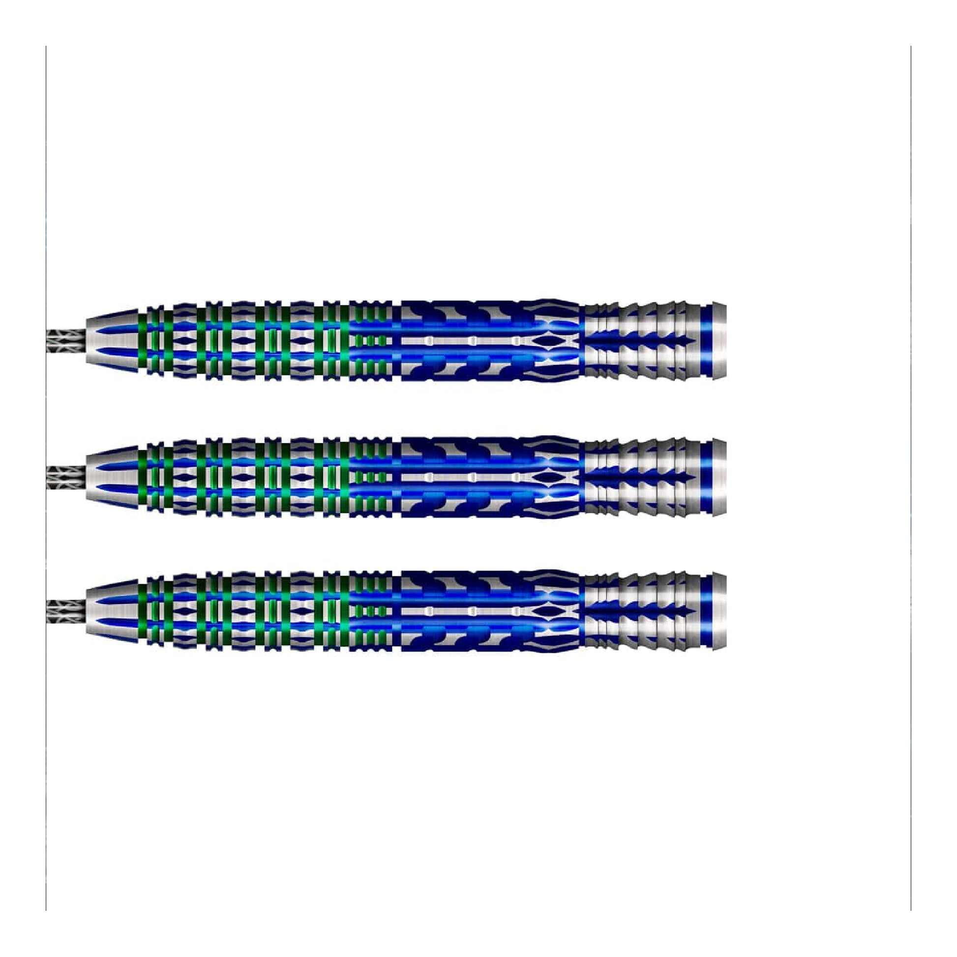 Three blue darts with silver tips on a white background