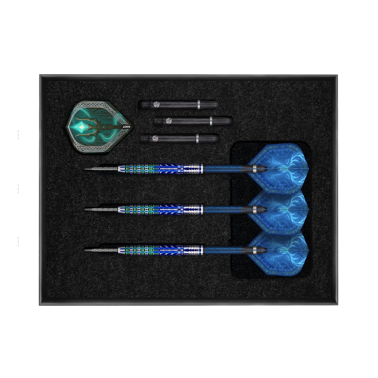 Set of darts with blue and silver design in a black case on a white background