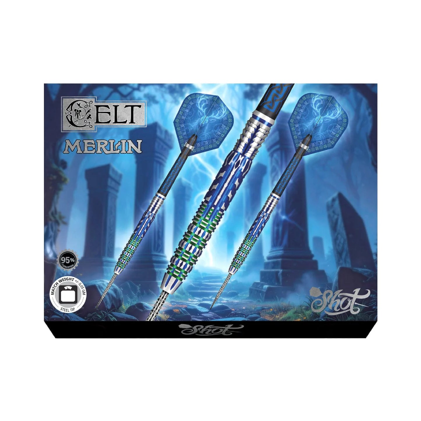 Gelt Merlin darts packaging with blue-themed design