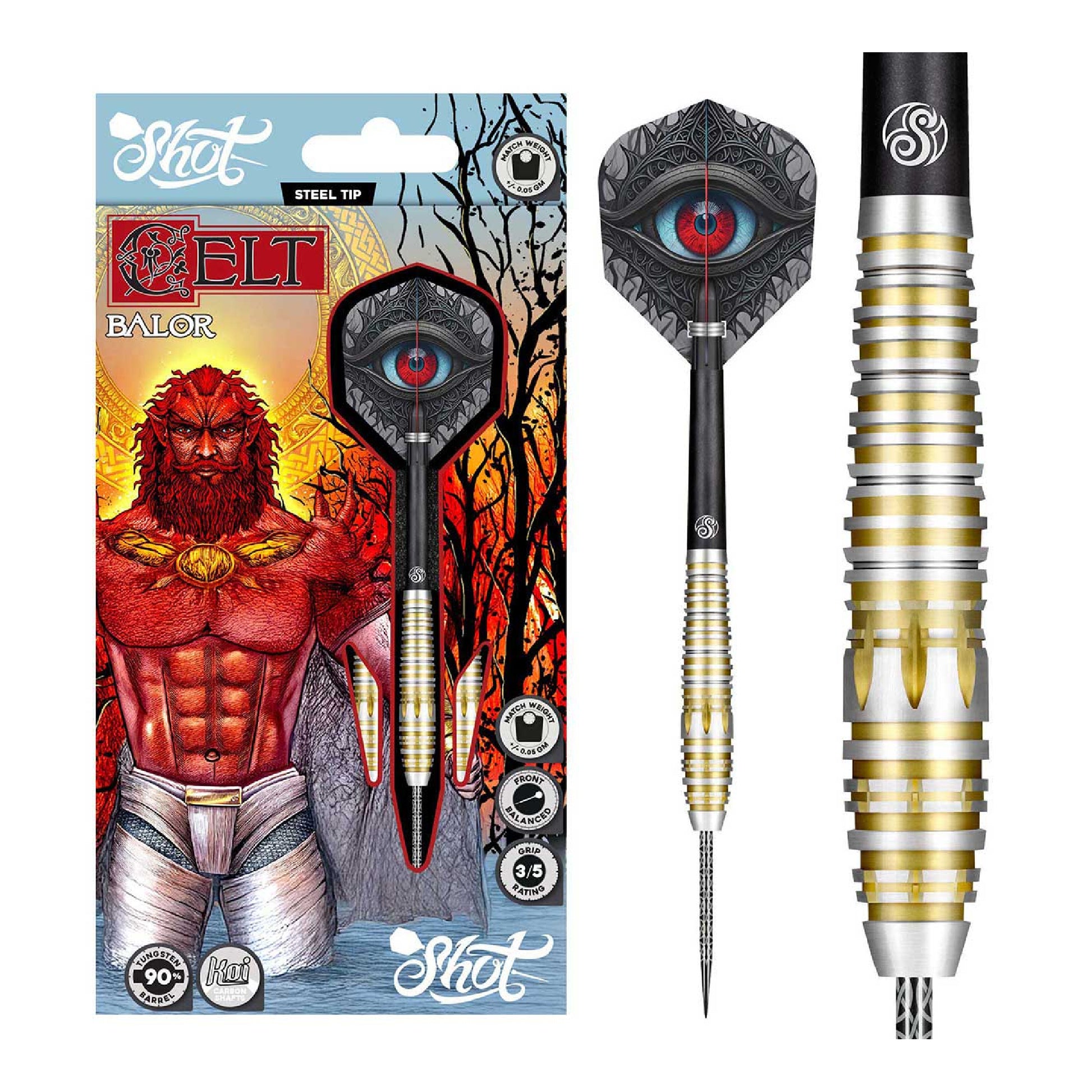 Shot Balor darts with packaging featuring a character and tree design.