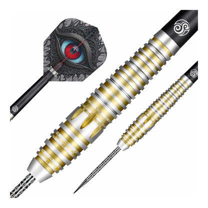 Two darts with gold and silver design on a white background