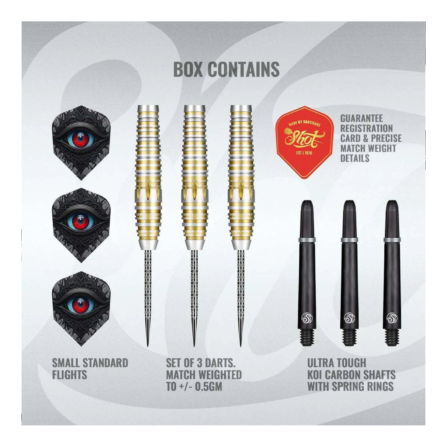 Box of darts with darts, flights, and carbon shafts on a gray background