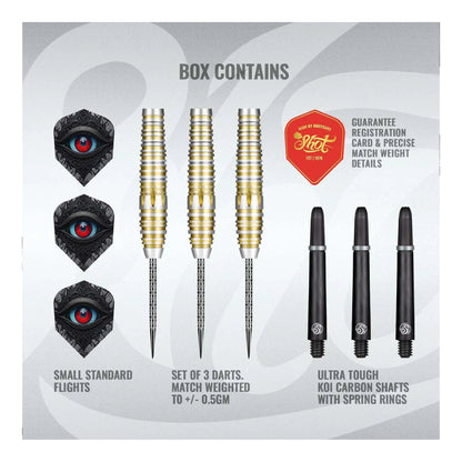 Box of darts with darts, flights, and carbon shafts on a gray background