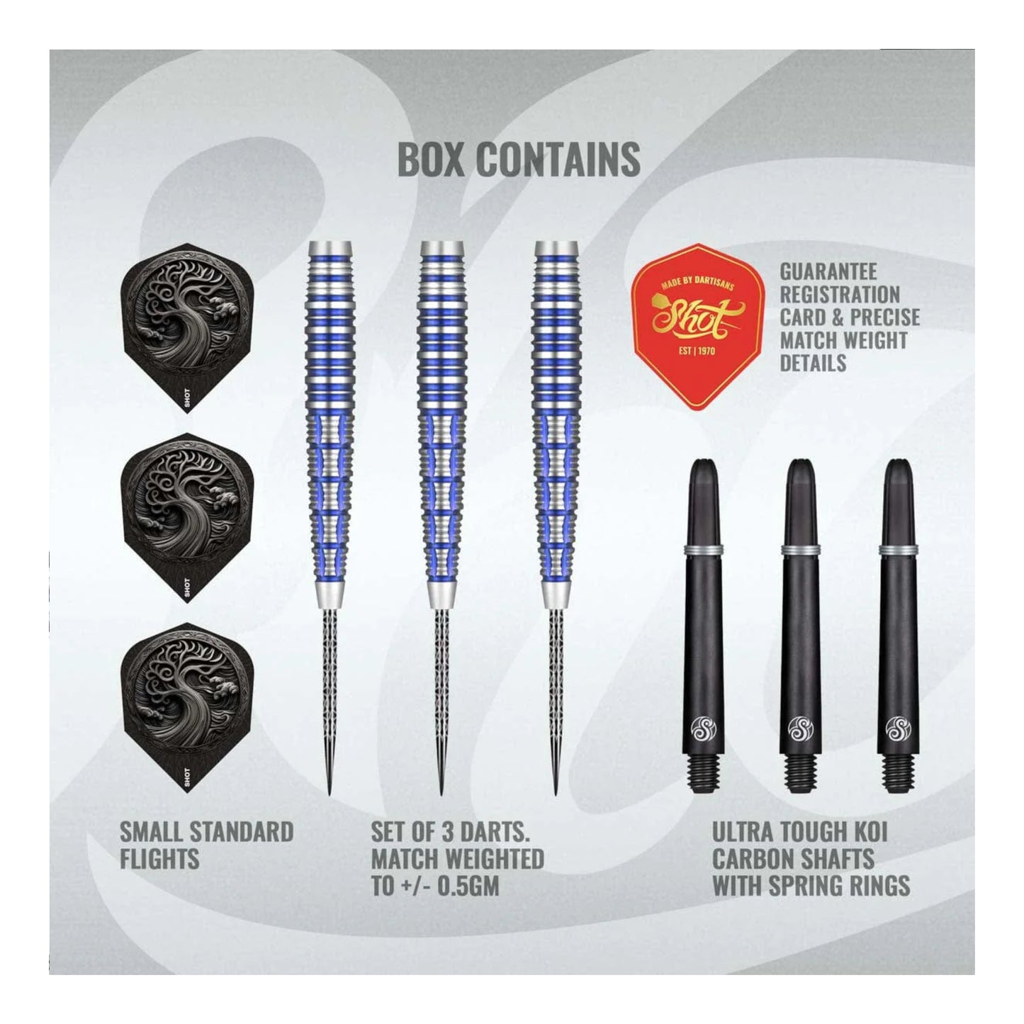 Dart set with darts, flights, and carbon shafts on a branded box.