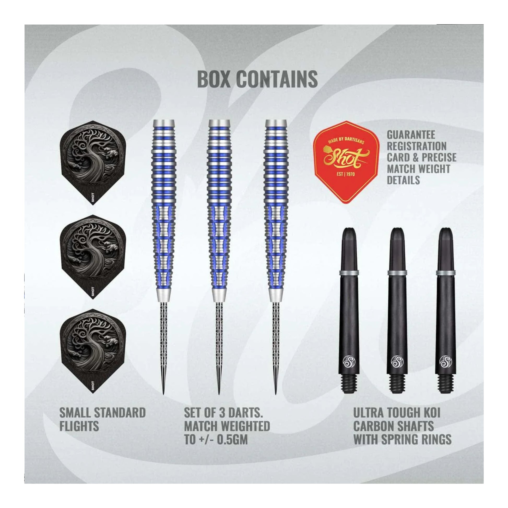 Dart set with darts, flights, and carbon shafts on a branded box.