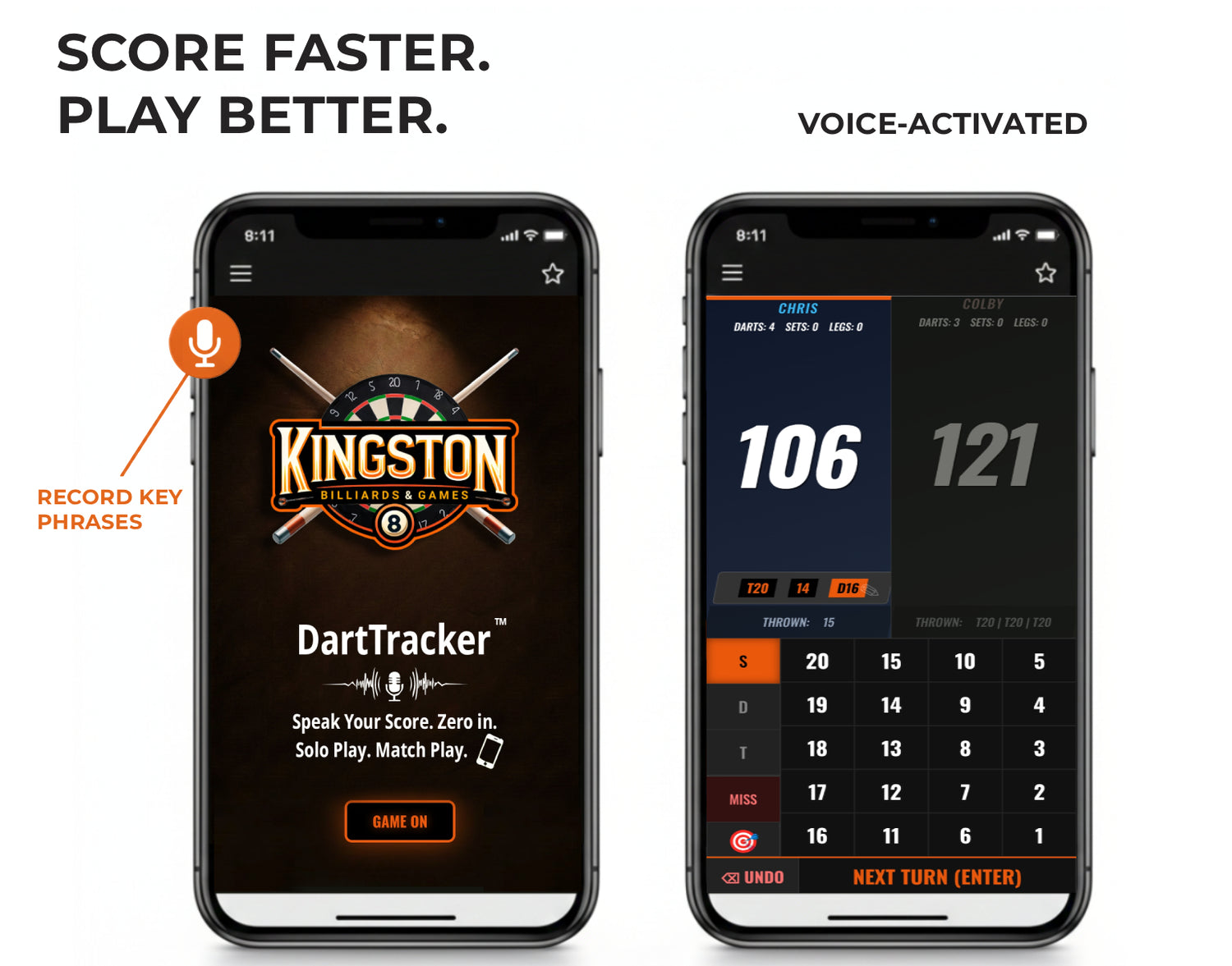 DartTracker free voice-activated dart scoreboard for 501 and Cricket by Kingston Billiards & Games.