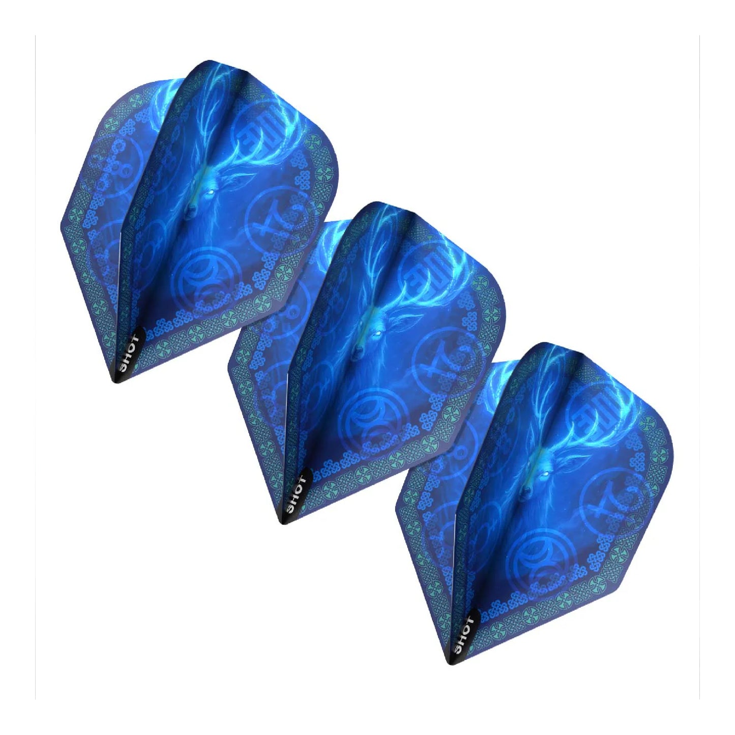 Three blue dart flights with a pattern on a white background
