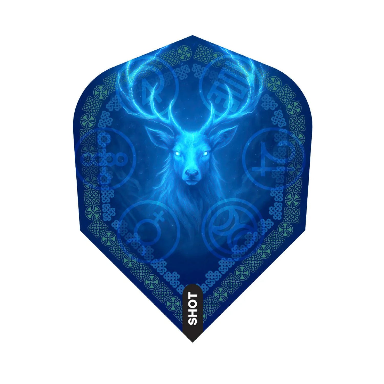 Blue deer design dart flight with 'SHOT' branding on a white background