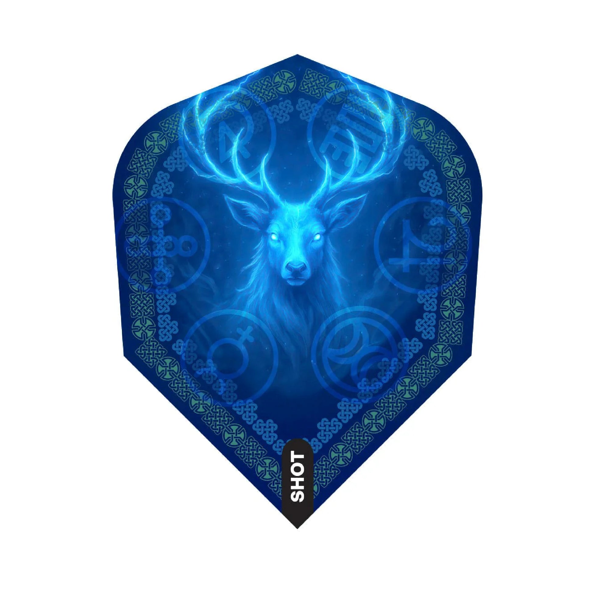 Blue deer design dart flight with 'SHOT' branding on a white background