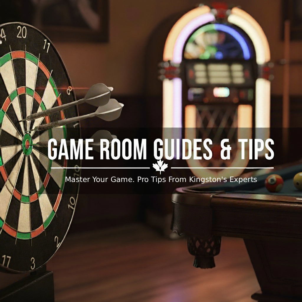 Dartboard with darts and a jukebox in a game room setting.