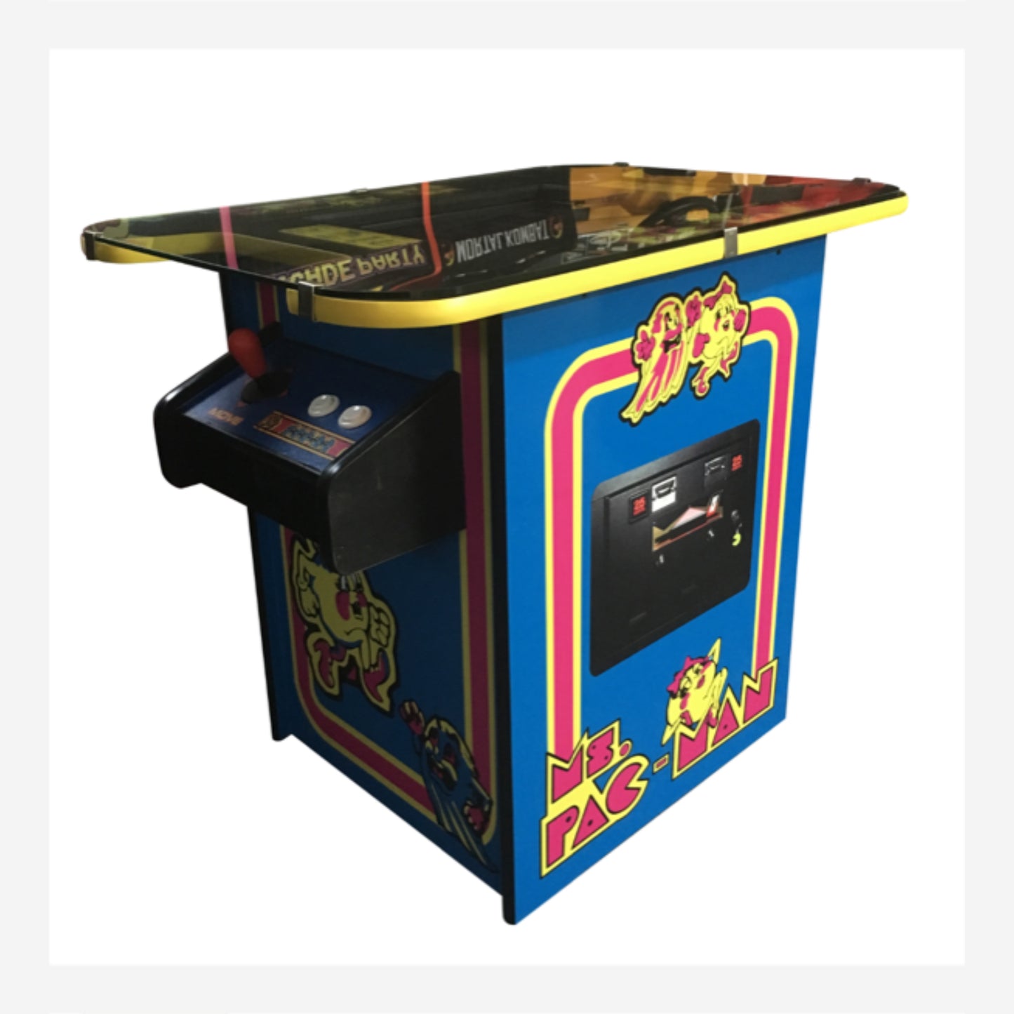 Pac-Man arcade machine with colorful design on a white background