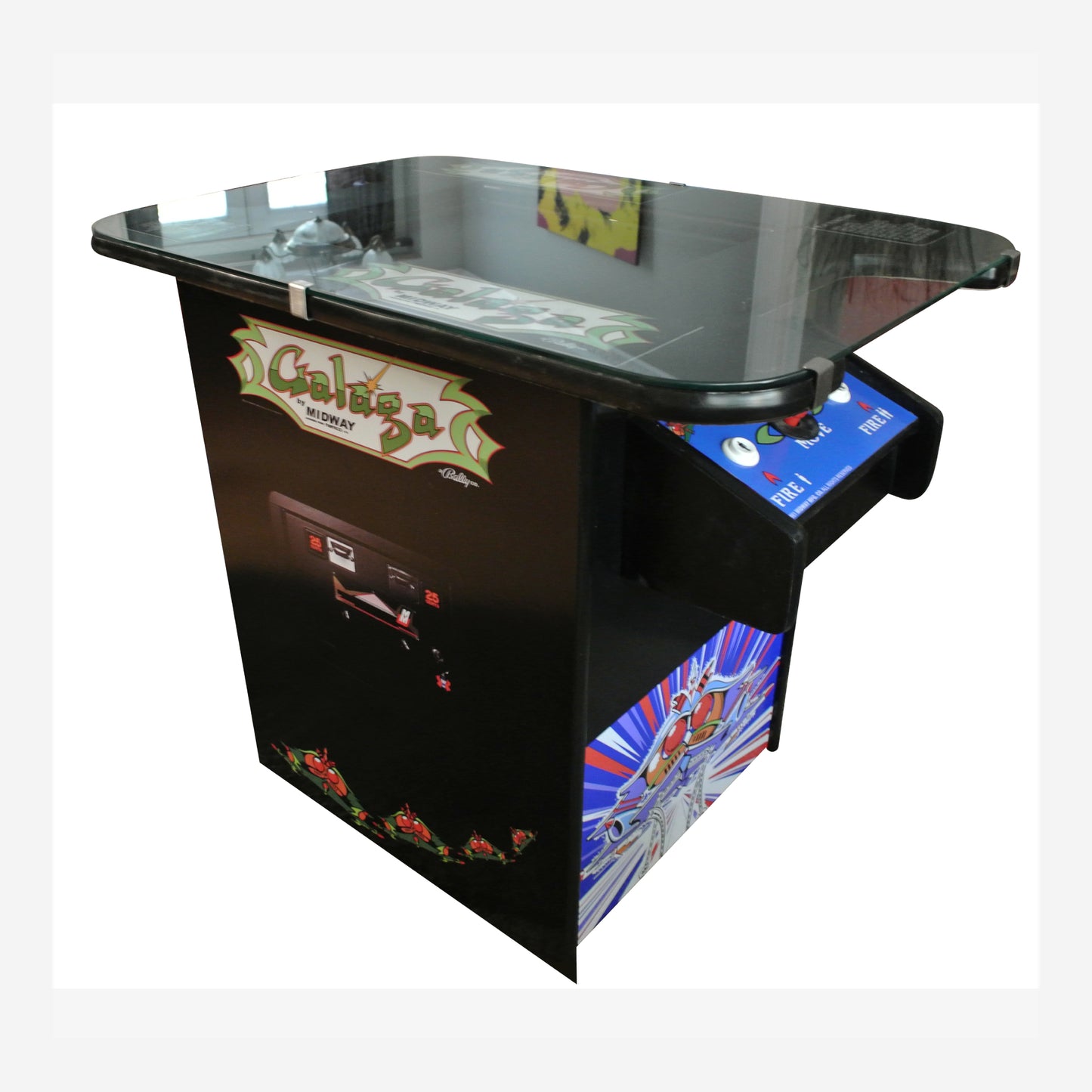 Arcade game machine with colorful graphics on a white background
