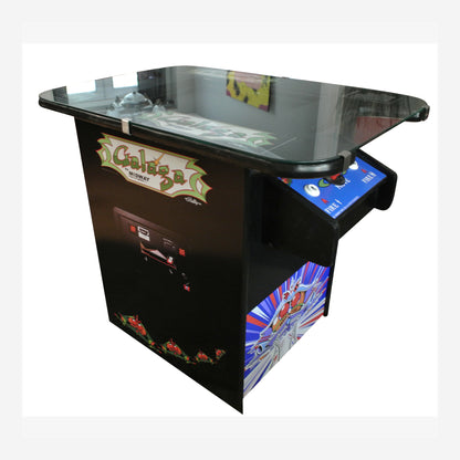 Arcade game machine with colorful graphics on a white background