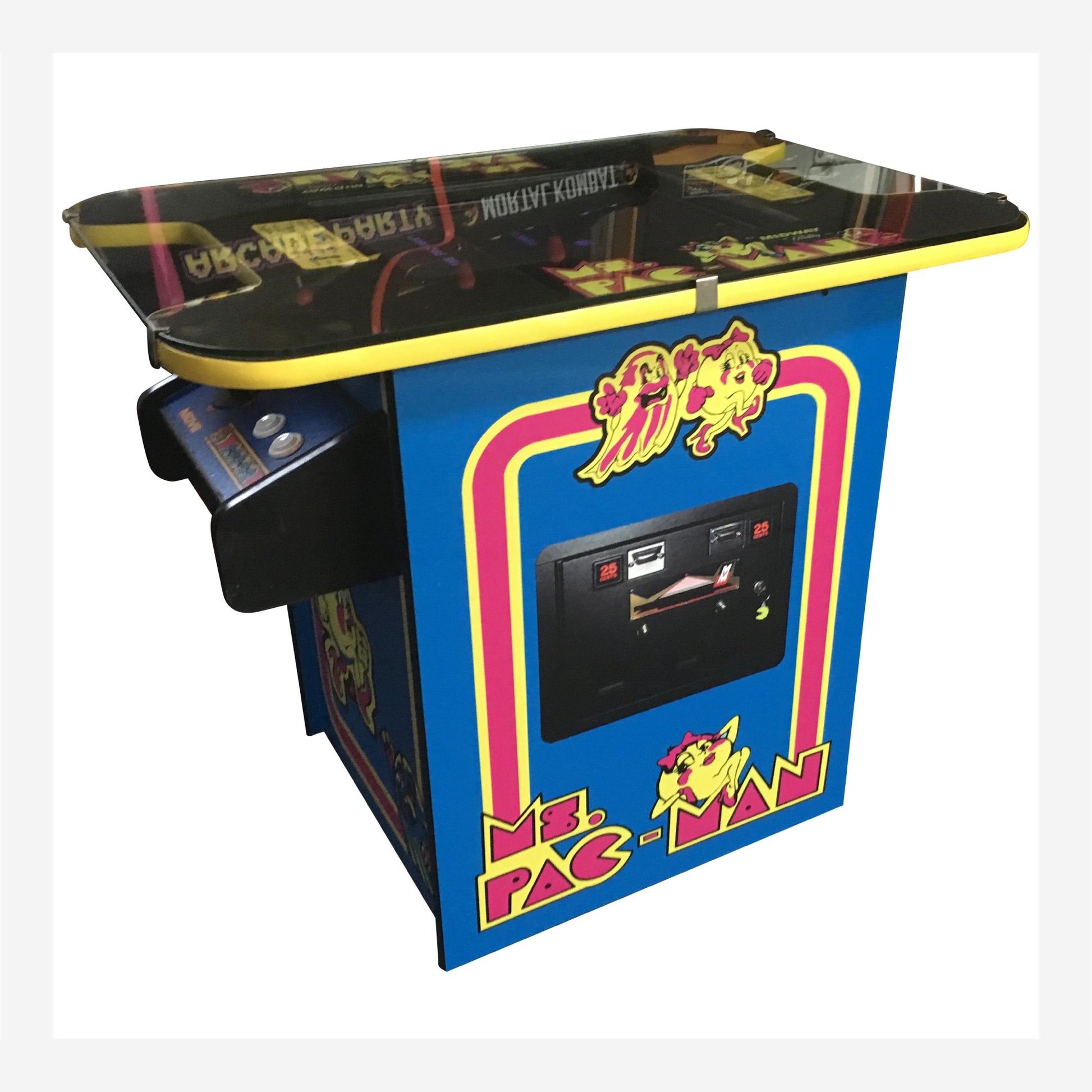 Vintage-style arcade machine with colorful design on a white background
