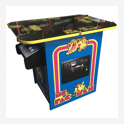 Vintage-style arcade machine with colorful design on a white background