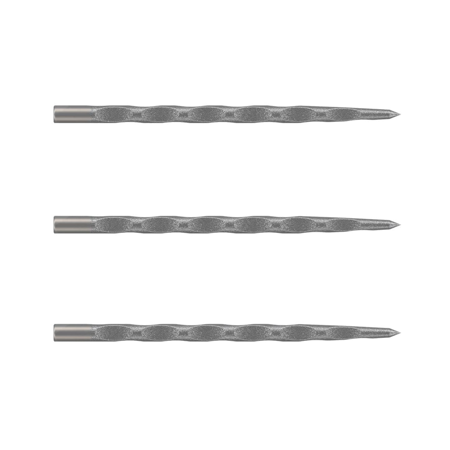 Three Shot Jurassic Giga steel tip dart points showing sandblasted texture and scallop cuts