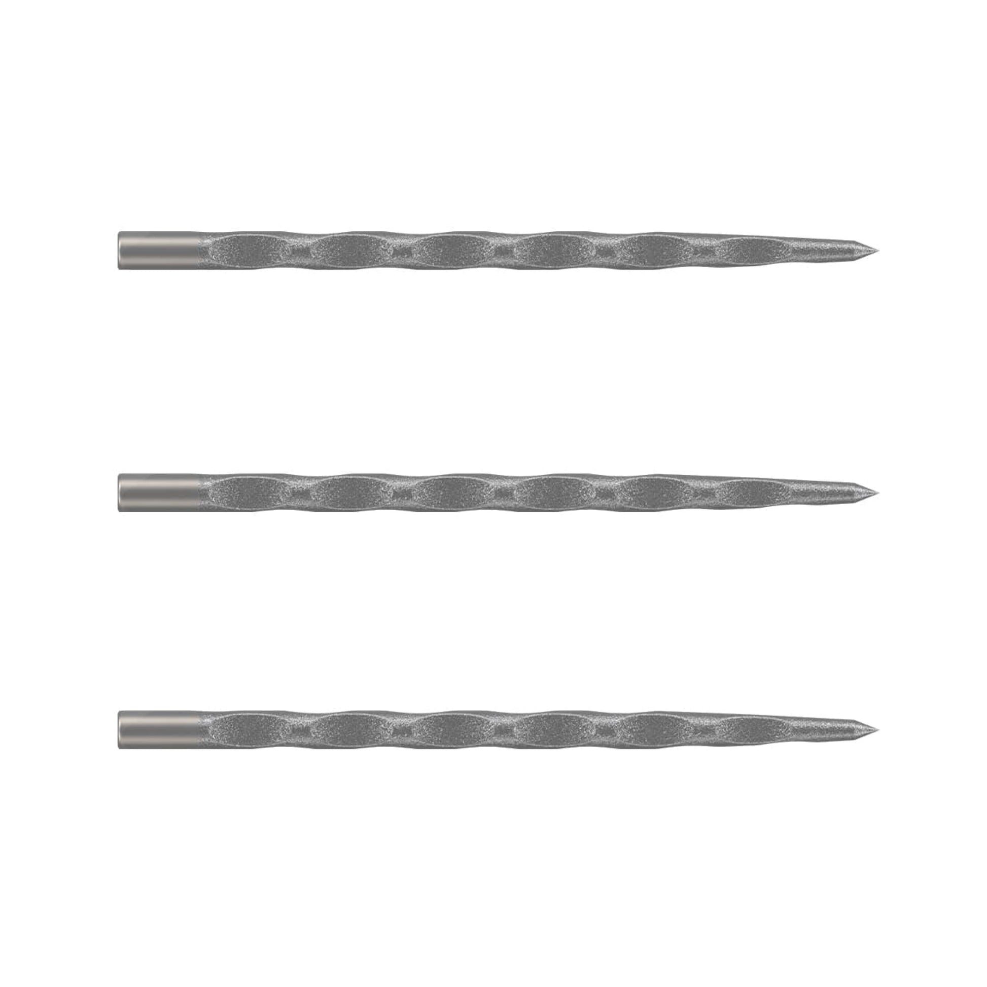 Three Shot Jurassic Giga steel tip dart points showing sandblasted texture and scallop cuts