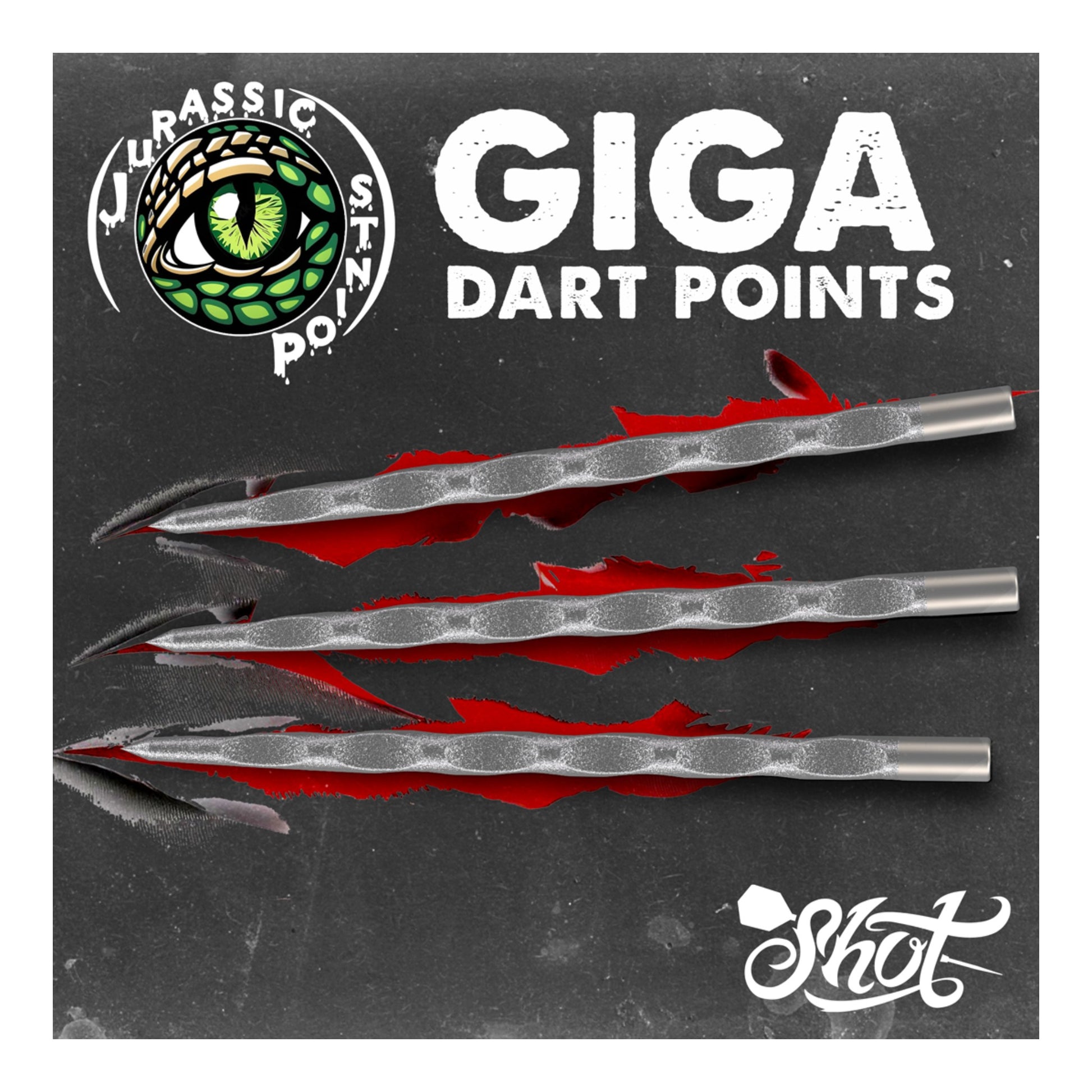 Giga dart points with 'Jurassic Points and 'Shot' branding on a dark background
