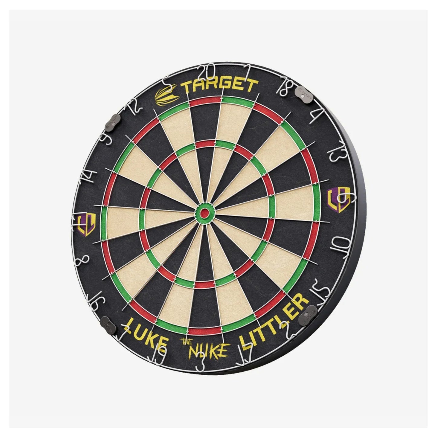 Angled view of Luke Littler sisal dartboard with ultra-thin wiring