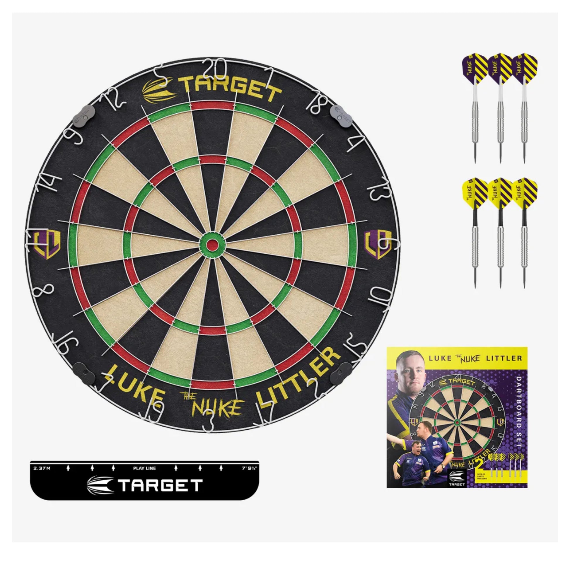 Luke Littler dartboard set with brass darts and throw line in setup