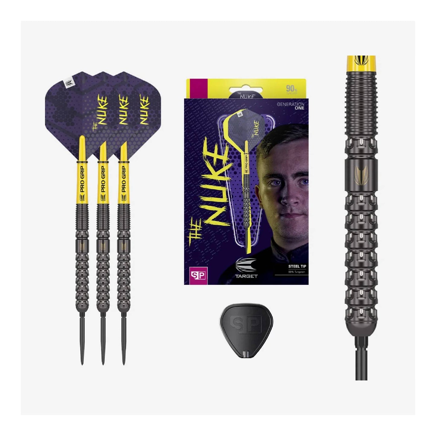 Luke Littler G1 SP darts set in packaging with contents displayed, precision-grade 90% tungsten set