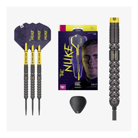Luke Littler G1 SP darts set in packaging with contents displayed, precision-grade 90% tungsten set