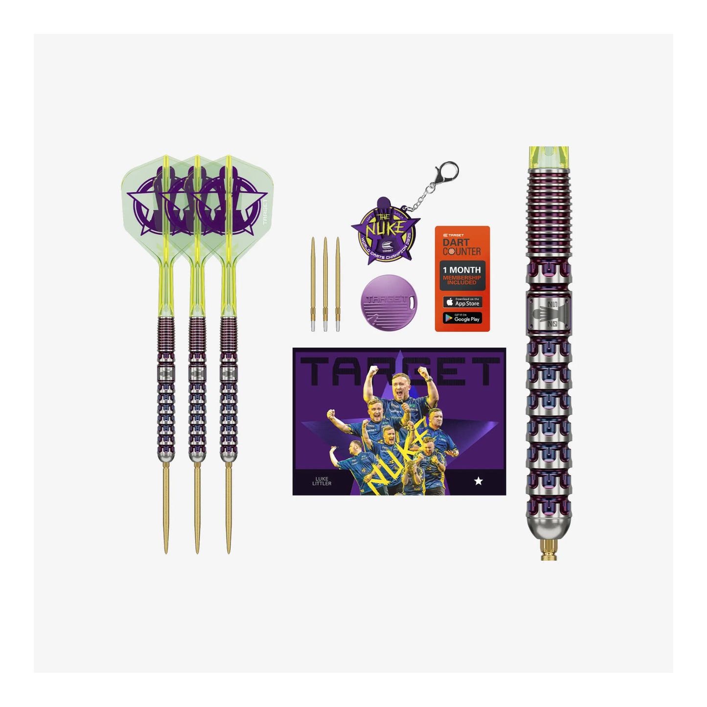 Luke Littler G1 World Champion SP darts set with purple detailing and etched logo.