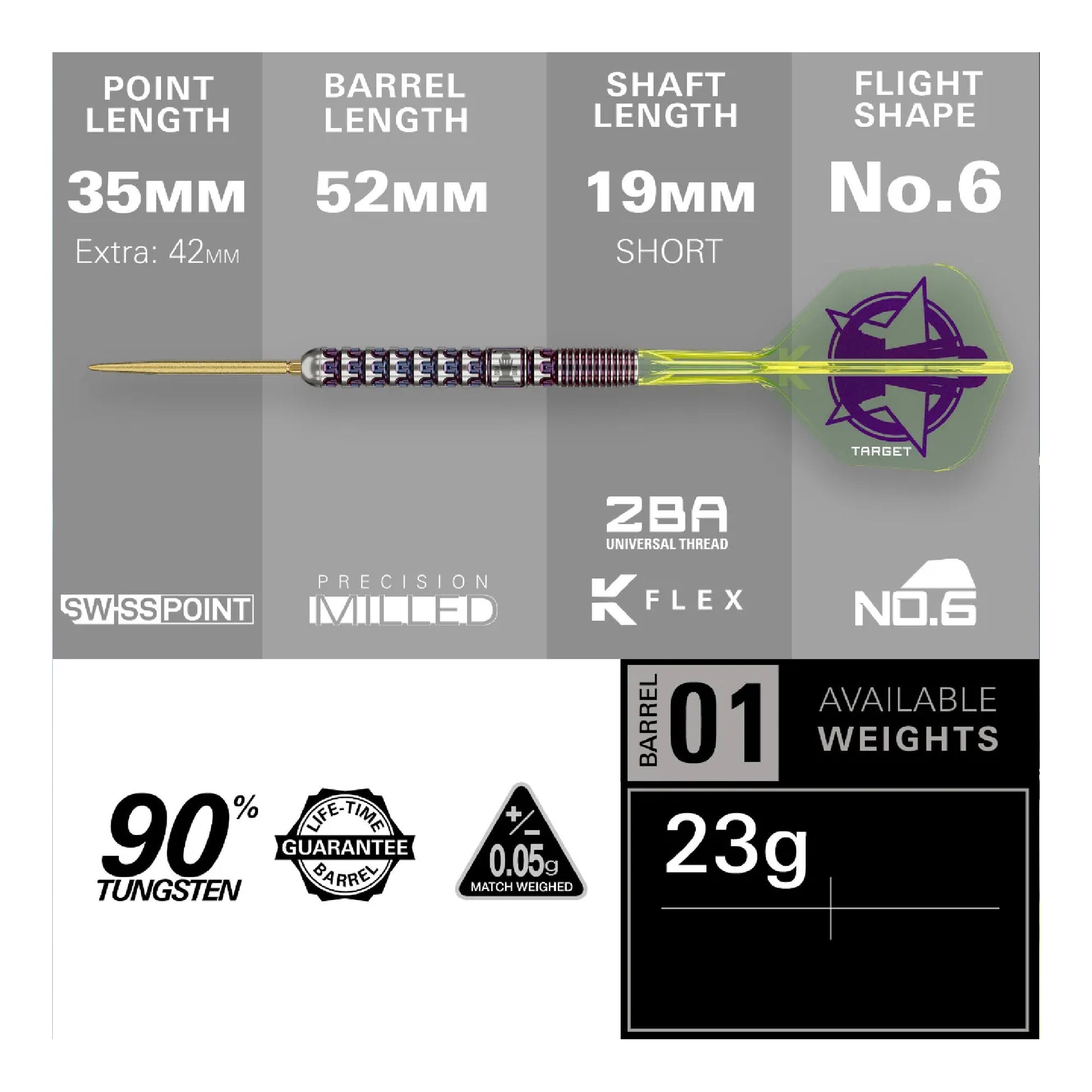 Dart with specifications on a gray background