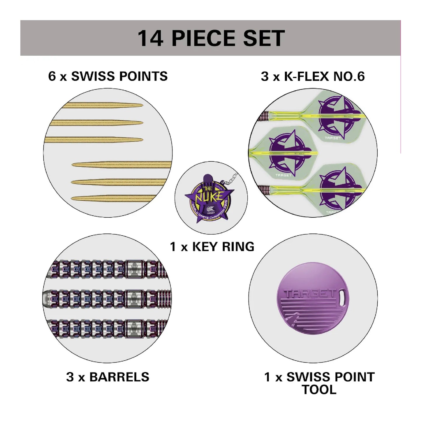 14-piece set with Swiss points, K-Flex No.6, key ring, barrels, and Swiss point tool on a white background.
